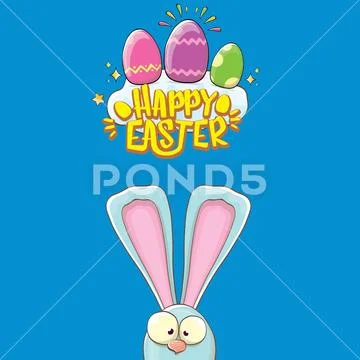 Happy easter bunny with calligraphic text, clouds , rainbow and color easter Stock Illustration