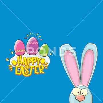 Happy easter bunny with calligraphic text, clouds , rainbow and color easter Stock Illustration