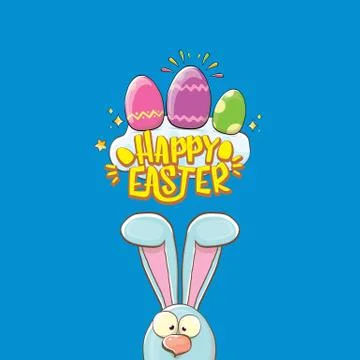 Happy easter bunny with calligraphic text, clouds , rainbow and color easter Stockillustratie