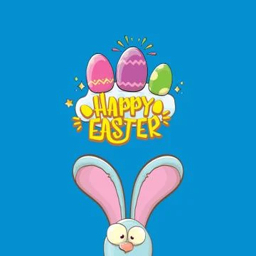 Happy easter bunny with calligraphic text, clouds , rainbow and color easter Stockillustratie