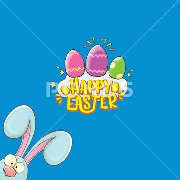 Happy easter bunny with calligraphic text, clouds , rainbow and color easter Stock Illustration