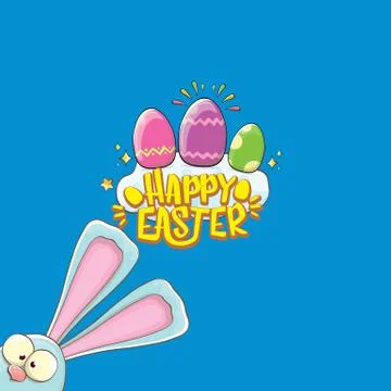 Happy easter bunny with calligraphic text, clouds , rainbow and color easter Stockillustratie