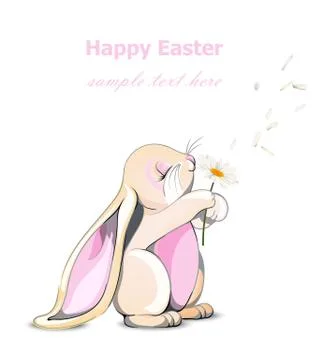 Happy Easter bunny card Vector. Cute rabbit holding dandelions Cartoon charac Illustrazione stock