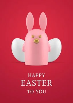 Happy Easter bunny character chicken eggs 3d greeting card design template .. Stock Illustration