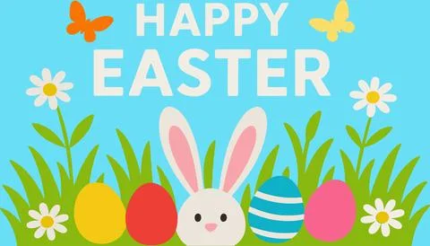 Happy Easter Bunny with Colorful Eggs and Flowers Stock Illustration