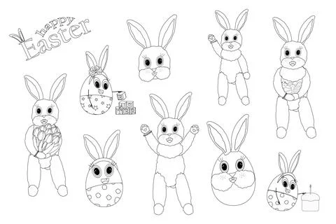 Happy Easter Bunny Coloring Page Set イラスト素材