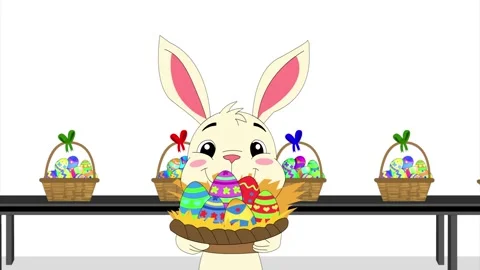 Happy Easter bunny with coloured eggs in gift basket on factory conveyor belt Stock Footage 268760889