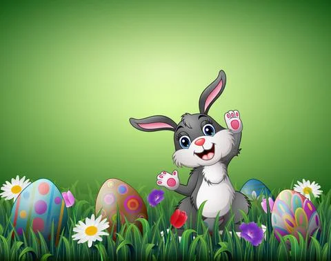 Happy Easter bunny with decorated Easter eggs in a grass field Stock Illustration