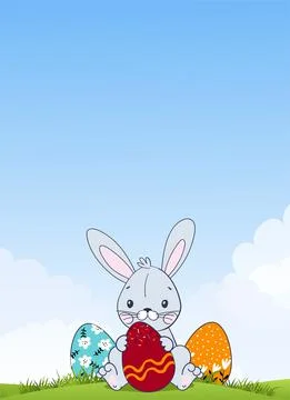 Happy Easter, bunny with decorated eggs on the meadow, sky background. Beauti Stock Illustration