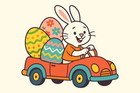 Happy easter bunny driving car with eggs 스톡 일러스트