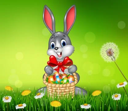 Happy easter bunny with Easter egg in the basket Stock Illustration