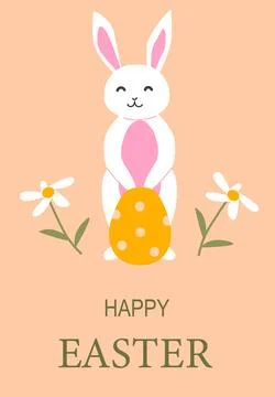 Happy easter bunny with egg and flowers poster design for festive celebration Stock Illustration