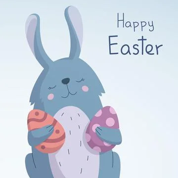 Happy Easter Bunny with Eggs in Paws - Vector Stock Illustration