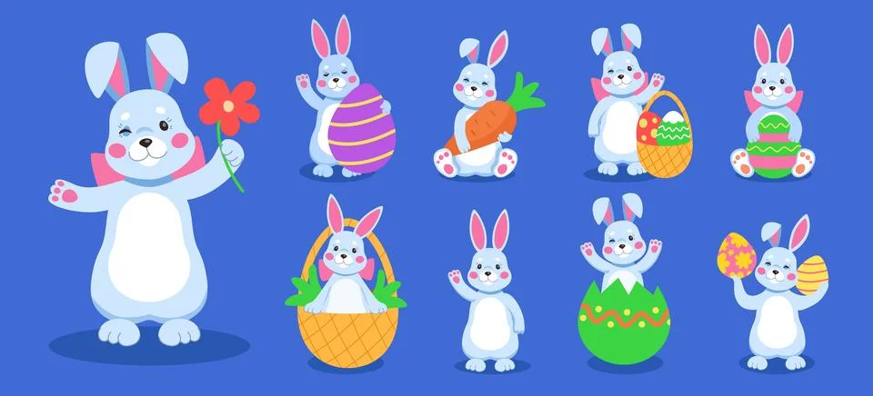 Happy Easter. Bunny face. Rabbit cartoon seasonal celebration symbols. Cele.. Stock Illustration