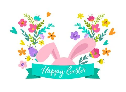 Happy Easter, bunny with flowers design. Easter sale and greeting card holida Stock Illustration