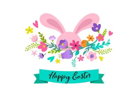 Happy Easter, bunny with flowers design. Easter sale and greeting card holida Stock Illustration