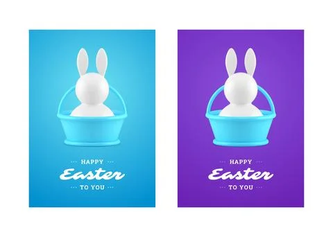 Happy Easter bunny in gift basket 3d greeting card set design template real.. Stock Illustration