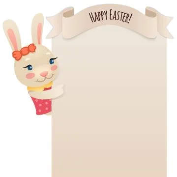 Happy easter bunny girl looking at blank poster Stock Illustration