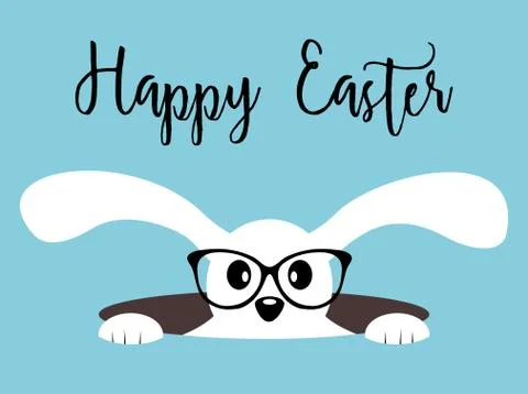 Happy Easter bunny with glasses on blue background Stock Illustration