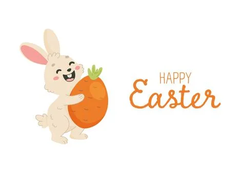 Happy Easter Bunny Holding Big Carrot card poster Stock Illustration