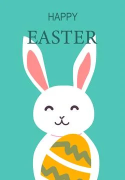 Happy easter bunny holding decorated egg on teal background Stock Illustration