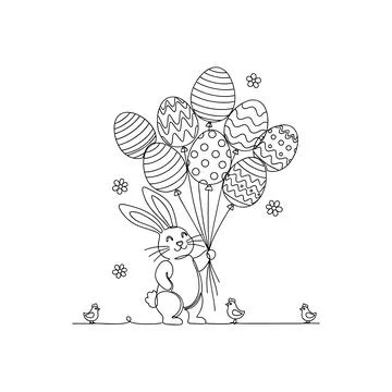 Happy Easter Bunny Holding Egg Balloons With Cute Chicks Stock Illustration