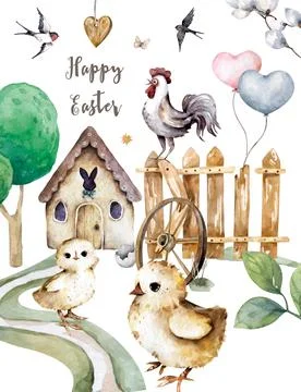 Happy Easter. Bunny holding hands chicks in cute cartoon funny kawaii kid cha Stock Illustration