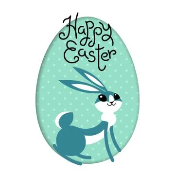 Happy Easter. Bunny rabbit hare inside painted egg frame window. Cute cartoon Stock Illustration