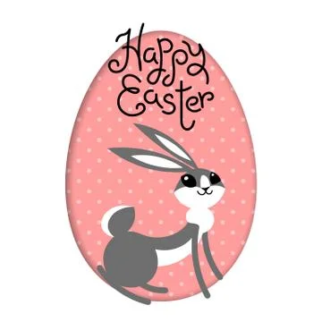 Happy Easter. Bunny rabbit hare inside painted egg frame window. Cute cartoon Stock Illustration
