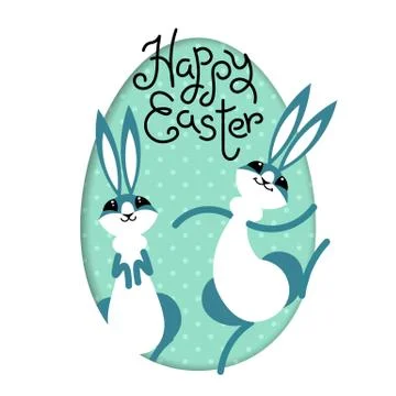 Happy Easter. Bunny rabbit hare inside painted egg frame window. Cute cartoon Stock Illustration