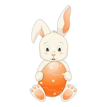 Happy Easter bunny rabbit with large ears sits and hold a bright orange Eas.. Stock Illustration