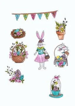 Happy Easter bunny spring set Иллюстрация
