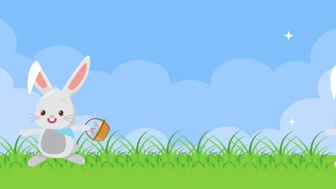 Happy easter bunny walking on green grass field with basket of painted eggs.. Stock Footage 333605838