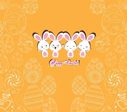 Happy Easter with bunny on the yellow background pattern of ornamental eggs イラスト素材