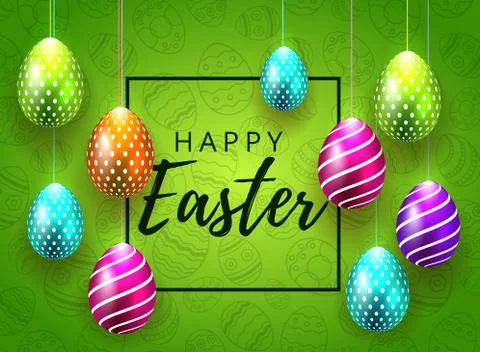 Happy Easter calligraphy background with realistic colored shine decorated eggs Stock Illustration