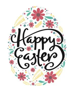 Happy Easter calligraphy in egg with vintage flower pattern Stock Illustration