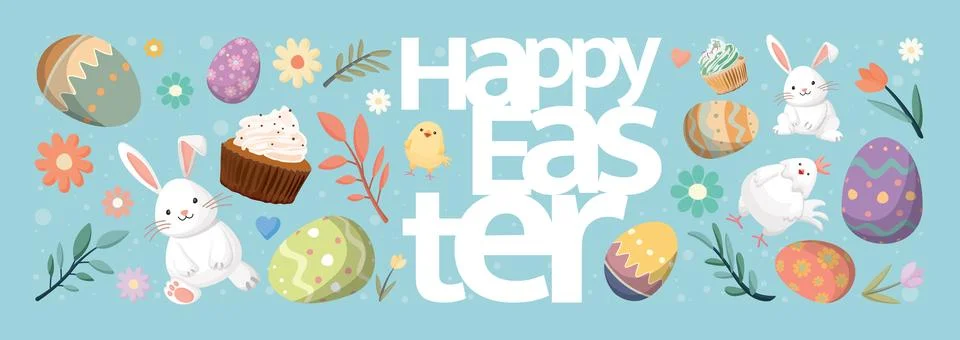 Happy Easter calligraphy with elements hand drawn style pastel colors Stock Illustration