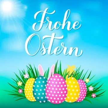 Happy Easter calligraphy hand lettering in German language. Easter eggs on .. Stock Illustration
