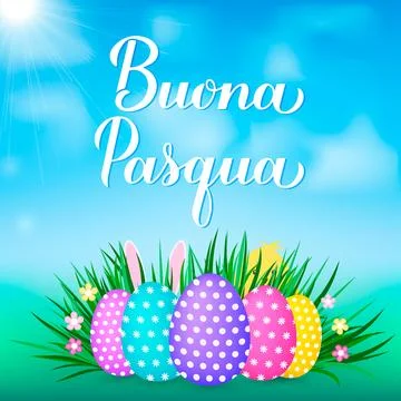 Happy Easter calligraphy hand lettering in Italian language. Easter eggs on.. Stock Illustration