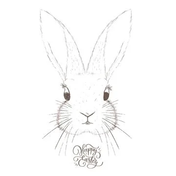 Happy Easter calligraphy handmade lettering inscription with sketch drawn bun Stock Illustration