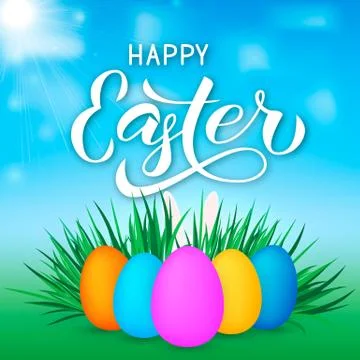 Happy Easter calligraphy lettering. Easter eggs on grass and bunny s ears. Sp Stock Illustration