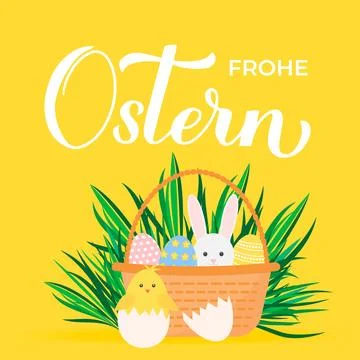 Happy Easter calligraphy lettering in German language. Basket of eggs, bunn.. Stock Illustration
