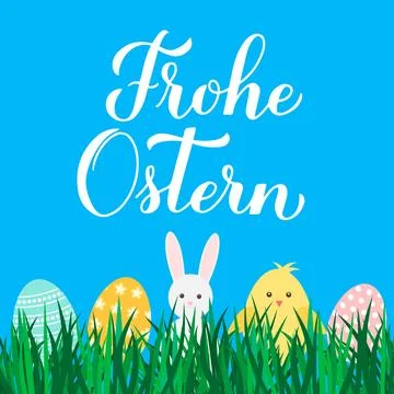 Happy Easter calligraphy lettering in German language. Eggs, bunny and cute.. Stock Illustration