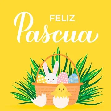 Happy Easter calligraphy lettering in Spanish language. Basket of eggs, bun.. Stock Illustration