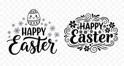 Happy Easter Calligraphy Text with Egg and Flowers, Flat Design Vector Stock Illustration