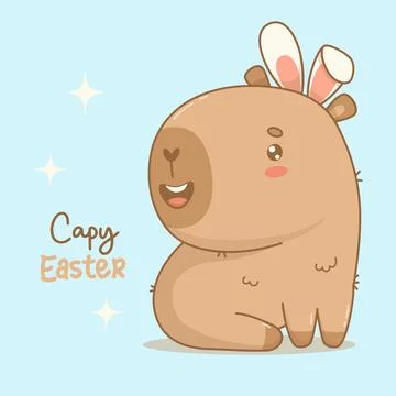 Happy Easter Capybara with Bunny Ears. Cute cheerful cartoon kawaii charact.. Stock Illustration