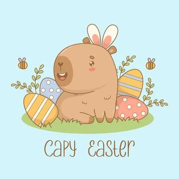 Happy Easter Capybara in bunny ears in grass with decorative paschal egg. Cute Stock Illustration