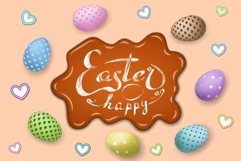 Happy Easter card background, lettering, eggs texture pastel. Greeting caramel Stock Illustration