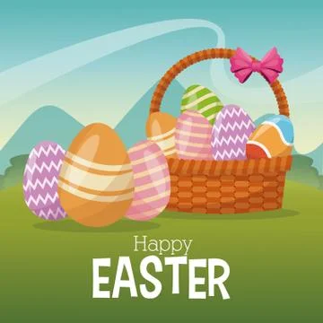 Happy easter card basket egg ornament landscape Illustrazione stock