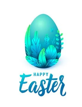 Happy easter card, big 3d egg with spring leaves. Text lettering sign for Stock Illustration